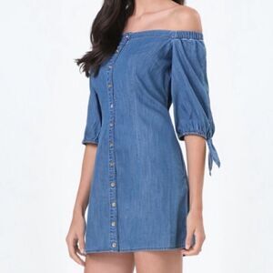 Bebe Off Shoulder Blue Chambray Front Button Dress Western Boho Festival